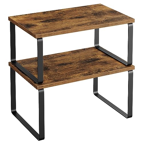 SONGMICS Cabinet Organizer Shelf, Set of 2 Kitchen Counter Shelves, Kitchen Storage, Spice Rack, Stackable, Expandable, Metal and Engineered Wood, Ink Black and Rustic Brown UKCS020X01 - color: Ink Black + Rustic Brown, size: 11.7"W