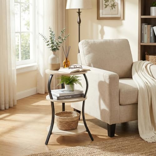Vintage Small Round Side Table, 3-Tier Slim Waist Circular End Table with Storage Shelf, Compact Tea Sofa Side Table, Round Corner Coffee Table Nightstand for Living Room Bedroom Small Spaces,Oak - color: Oak, style: Classic