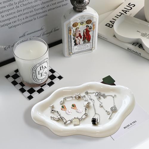 Ceramic Jewelry Dish for Women, Jewelry Tray Trinket Dish, Irregular Cloud Shape Ceramic Plate, Watch Keys Tray Ring Dish Holder for Mother's Day/Christmas/Thanksgiving/Birthday Gift(White) - color: White