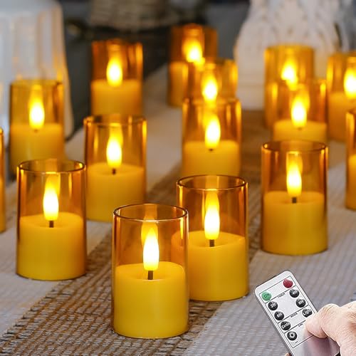 Flameless Small Tea Light LED Candles, Acrylic Battery Operated Votive 1.7" x2.5" with Remote Control and Timer, Tealight Amber Flickering Warm Light Pack of 15 Electric Long Lasting - color: Amber, size: 15 x 2.5"