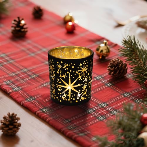 Votive Candle Holders Black and Gold, Glass Tealight Candle Holder Set of 3 with Stars Pattern, Vintage Tea Light Holders for Christmas Table Centerpiece Birthday Party Vanlentine's Day