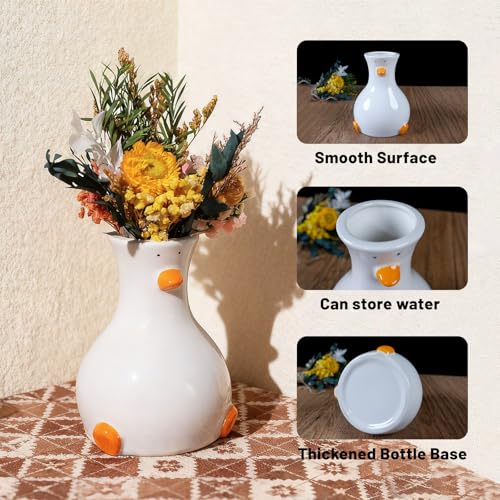 Tnstbiee Handcrafted White Ceramic Duck Vase - Cute Animal-Themed Round Table Vase | Trendy Funky Art Decor for Fresh Flowers, Utensils & Accessories | Handcrafted Gift for Home Bedroom Office Decor - color: Duck Vase