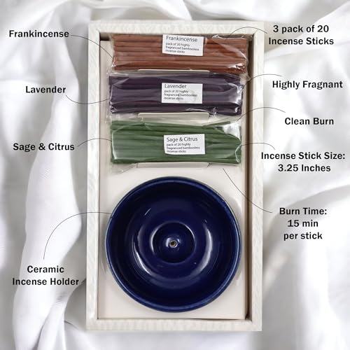 Hosley Incense Gift Set 6-Pack - Includes 60 Incense Sticks & Ceramic Holder - Ideal Bathroom Set for Meditation, Spa, or Relaxing Atmosphere - color: Blue-6d