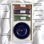 Hosley Incense Sticks Gift Set with 60 Incense Sticks and Ceramic Incense Holder - Ideal Incense Burner Holder for Home, Meditation, Spa, and Aromatherapy - Premium Incent Holder - color: Blue2