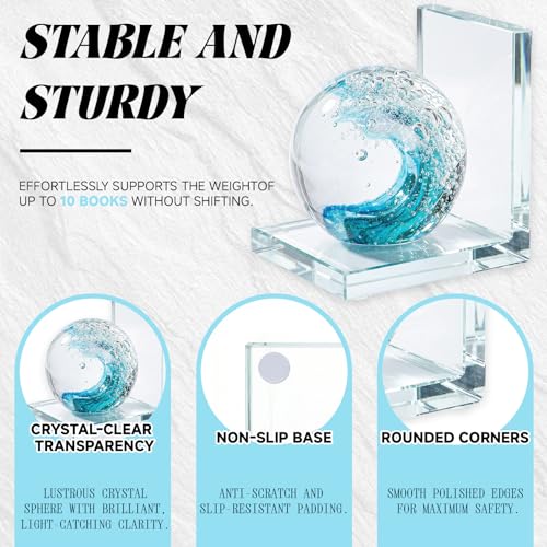 Decorative Bookends for Shelves, Hand Blown Ocean Crystal Ball Unique Bookends for Heavy Books, Office Desk Decor, Ideal for Ocean Lovers (Lake Blue) - color: Lake Blue