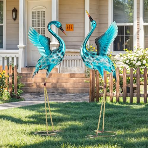 Extra-Large Blue Heron Decor, Handcrafted 47.5" Metal Crane Statue with Stable U-Ground Stakes, Backyard Decoration, Metal Garden Bird Animal Yard Art, Lawn Ornament Decor - color: 47.5" -Glossy Turquoise