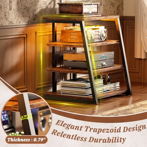 Armocity 4-Tier AV Media Stand with Power Strips, Stereo Stand with LED Lights, Audio Tower Rack with Adjustable Shelves, Small Entertainment Center, 30'', Rustic Brown - color: Rustic Brown, size: 30" (H)