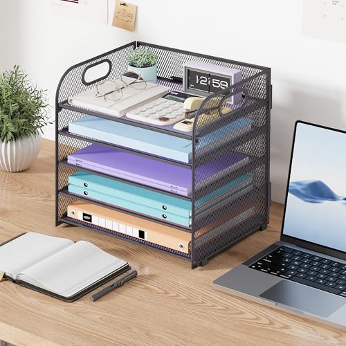 Cawukege 5 Tier Paper Organizer with Handle, Grey Metal Mesh Desk Organizer File Folder Paper Letter Tray Desktop Document Sorter for Classroom, School, Office Accessories Organization and Storage - color: Gray