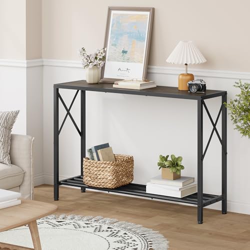 Tajsoon Industrial Console Table 41.8", 2 Tier Entryway Table with Storage Shelves, Narrow Sofa Table with Stable X-Frame, for Living Room, Hallway, Foyer, Office, Dark Grey - color: Dark Grey