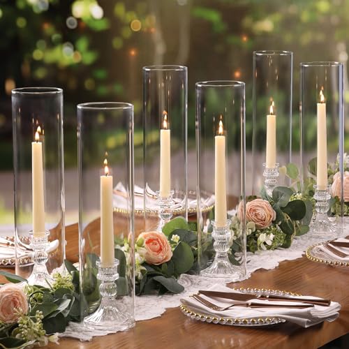 6 Set Hurricane Glass Candle Holders for Taper Candles, Vertical Striped Candlestick Holders with Windproof Glass Tubes 13.4" H for Wedding, Dinner Table Centerpieces, Festival and Party Decor - size: 3.3"D-13.4"H -6pcs+6pcs Striped Candlestick Holder