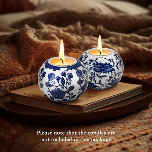 One Pair Classic Celadon Tealight Holder Set, Chinoiserie Blue and White Porcelain from Jingdezhen, Candle Holder for Housewarming Gifts and Home Decoration (W 3.54 in x H 2.76 in)