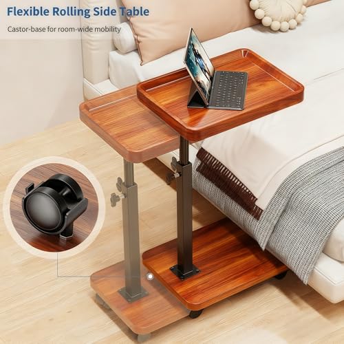 C Table End Table Adjustable Height, 360°Swivel TV Tray Table for Small Spaces, Side Tables with Wheels for Living Room and Bedroom, Bed (Yellow) - color: Wood-height Adjustable