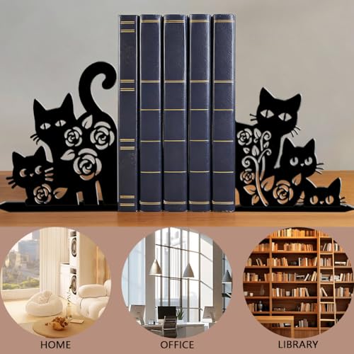 2Pcs 2 Styles Black Metal Cat Bookends Cute Book Stoppers Animal Pattern Black Decorative Heavy Duty Metal Book Ends for Shelves Home Office Desk Organizer Stylish 7.48 x 6.3 x 1.18 Inch - color: Cat