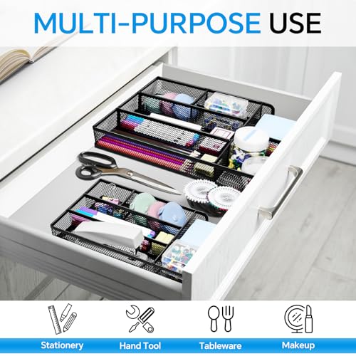 Desk Drawer Organizer, Office Drawer Divider Organizer Tray with 6 Compartments, Metal Mesh Desktop Organization and Accessories for Stationery Makeup Kitchen Toolroom School ＆Office, 12.6x8.27x1.6 in - size: Large