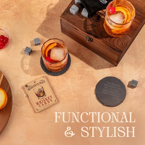 Mixology & Craft Whiskey Stones Gift Set: with Two 10oz Lead-Free Crystal Whiskey Glasses, 8 Whiskey Stones with Velvet Bag, 2 Slate Coasters & Recipe Cards in Wooden Crate | Great - size: Dark Latch Crate