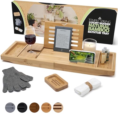 Temple Spring Bamboo Bathtub Tray Caddy for Tub — Expandable Wood Bath Tray with Solid Book Stand Wine Holder and Non-Slip Pads — Includes Bamboo Soap Dish and Spa Accessories — Luxury Bath Gift Set - color: Natural