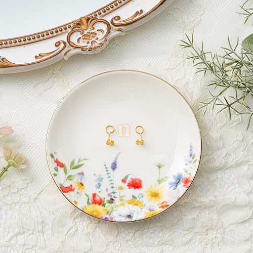 Crisky Flower Jewelry Tray Ring Dish & Gift Box, Ceramic Trinket Dish for Rings Earrings Necklaces Keys, Bridal Shower Engagement Birthday Gift for Women, Friends 4.57" (Gold Foil N - style: Initial N