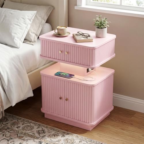LED Light End Table with Charging Station, Pink Mid Century Bedside Table with USB Type A C Ports, Small Fluted Accent TV Control Nightstand with 2 Sliding Door for Living Room, Curvy Edge - color: Pink