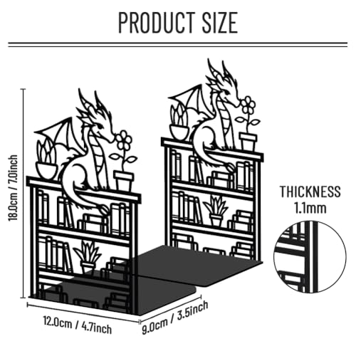 WADORN Dragon Reading Book Metal Bookends for Shelves Decorative 1 Pair, Heavy Duty Books End Support Non-Skid Book Holder Black L-Shaped Book Stopper for Home Office Desk Book Divider, 4.7x3.5x7 Inch - color: Dragon Bookshelf
