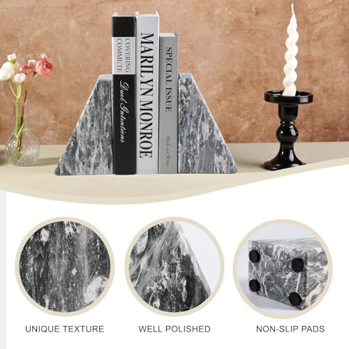 Koville Marble Bookends for Shelves, Large Bookends for Heavy Books, Natural Stone Book Stopper for Books CD Movies, Aesthetic Decorative Book Ends (Grey) - color: Gray