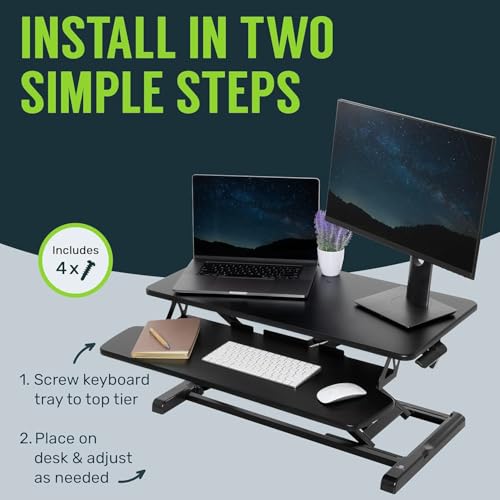 TechOrbits OF-S06-2 Desk Converter-37-inch Height Adjustable, MDF Wood, Sit-to-Stand Rise-X Pro Black, 36" - size: 36" MDF Wood