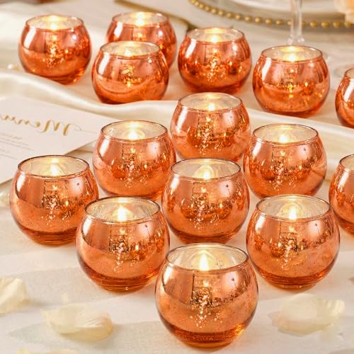 LAMORGIFT 24 Pcs Burnt Orange Candle Holders- Mercury Glass Candle Holders for or Boho Wedding Centerpieces, Bridal Shower, Party Table Decor, Fall and Holiday Home Decoration - color: Orange