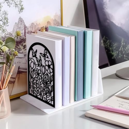 Peacoblue Metal Bookends for Shelves, Modern Decorative Heavy Duty Study Book Support Stoppers for Office, Desk, Shelf, Room 5.3"x4.3"x7.9" Cast Iron Bookends, 1 Pair (Wildflowers and Butterflies) - style: Wildflowers and Butterflies