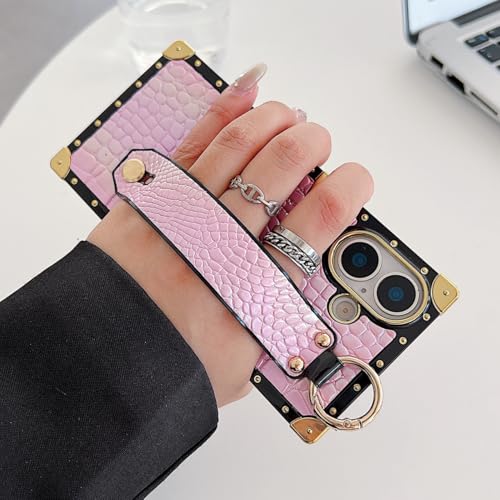 Compatible with iPhone 17 Case Luxury Designer for Women Girls,Rectangle Crocodile Leather with Wristband Strap Stand Holder Protective Phone Cover for iPhone 17-6.3 inch (White) - color: White, size: For iPhone 17