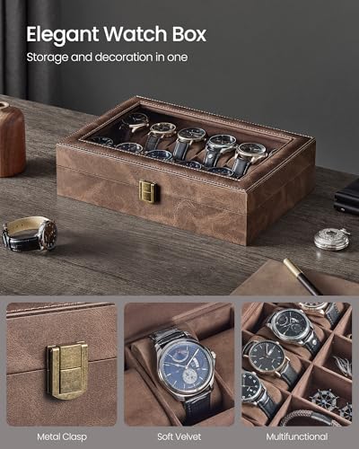 SONGMICS Watch Box, 12-Slot Watch Case Organizer with Large Glass Lid, Removable Pillows, Gift for Loved Ones, Coffee Brown Synthetic Leather, Coffee Brown Lining UJWB120KQ01S - color: Brown + Brown, size: 12 Slot