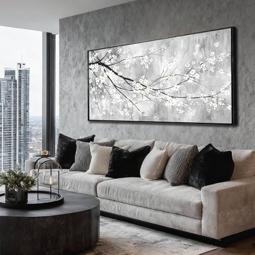 WINKAILIN White Black and Gold Plum Blossom Canvas Wall Art with Black Frame 24"x48" Floral Artwork Modern Botanical Wall Decor for Bedroom Living Room Office Kitchen - color: Black and White, size: 48"L x 24"W