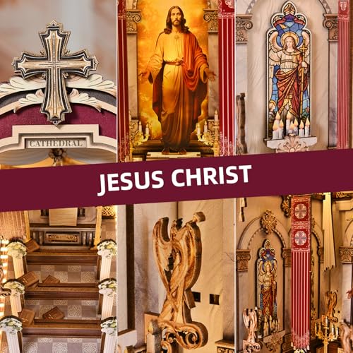 Book Nook Kit, Simple Booknook Bookend, Miniature Dollhouse House Kit for Beginner, DIY 3D Puzzle Model with LED Light and Dust Cover - Jesus Christ Church Cathedral - style: Cathedral