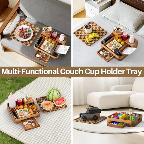 Couch Cup Holder, Checkered Couch Tray Cup Holder Sofa Tray, Acacia Wood Large Capacity 2-Tier Wooden Trays with Drawer for Sofa, Bed, Picnic, Drinks, Snacks, Remote, Cell Phone 12.5 * 12.5 in - color: Acacia Wood + Checkered