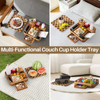 Couch Cup Holder, Checkered Couch Tray Cup Holder Sofa Tray, Acacia Wood Large Capacity 2-Tier Wooden Trays with Drawer for Sofa, Bed, Picnic, Drinks, Snacks, Remote, Cell Phone 12.5 * 12.5 in - color: Acacia Wood + Checkered