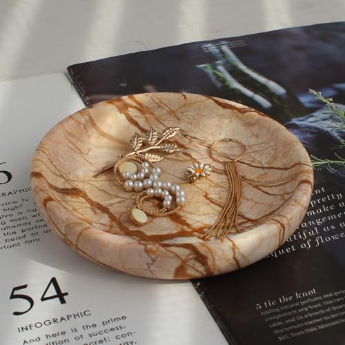 Natural Marble Travertine Ring Dish Jewelry Tray 5.5" for Women, Marble Trinket Dish for Key Earring Nightstand, Mother's Day Engagement Birthday Gift - Pink Marble - color: Pink Marble