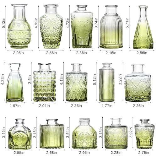 Arme Bud Vase Set of 32, Green Vases Glass Bud Vases in Bulk, Small Vases for Centerpieces Mini Flower Vase Set Cute Vintage Glass Vase Set for Flower Wedding Home Centerpiece Table Decorations - color: Green-32pcs, size: 32 Pcs