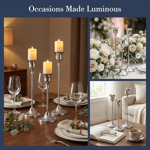 Set of 3 Silver Tapered Candle Holder,Candlestick Tall Metal Candlestick Holders for Table Centerpiece Home Decor for Wedding Fireplace Mantel Housewarming Gift Fits 3/4 Inch Thick Candles - color: Silver