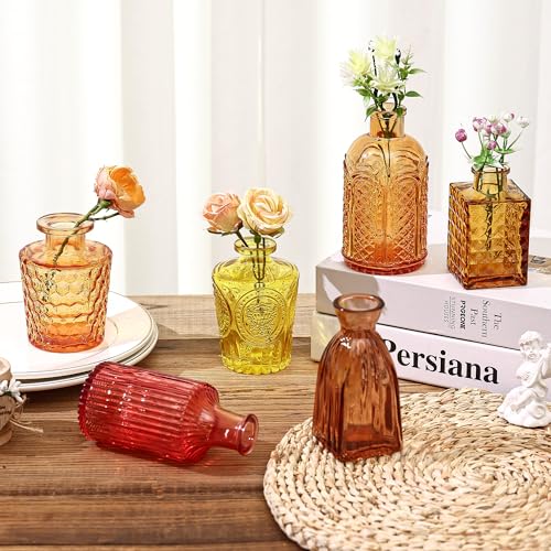 15 Pcs Colored Bud Vase Set,Vintage Glass Vases for Flower Centerpieces Wedding & Party Decor,Home Table Decorations,Bud Vases in Bulk for Housewarming - color: Orange Yellow Series