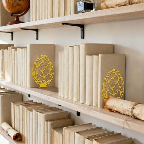 Peacoblue Metal Bookends for Shelves, Modern Decorative Heavy Duty Study Book Support Stoppers for Office Desk Shelf Room 5.3"x4.3"x6.1" Cast Iron Simple Golden Book Ends, 1 Pair (Golden Artichoke) - style: Golden Artichoke