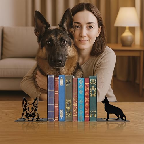 German Shepherd Theme Bookends Decor – Dog Gifts with Black Modern Bookends, Decorative Bookends for Shelves – Unique Book Stopper for Shelves (German Shepherd) - color: German Shepherd