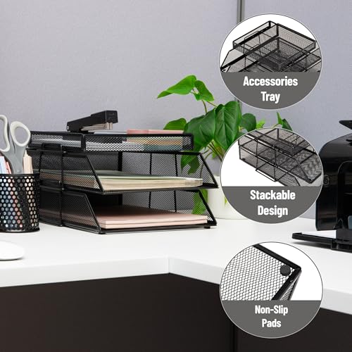 Mind Reader 2 Tier Paper Tray with Top Supply Compartment, Desktop File Organizer, Metal Mesh, Black - color: Black