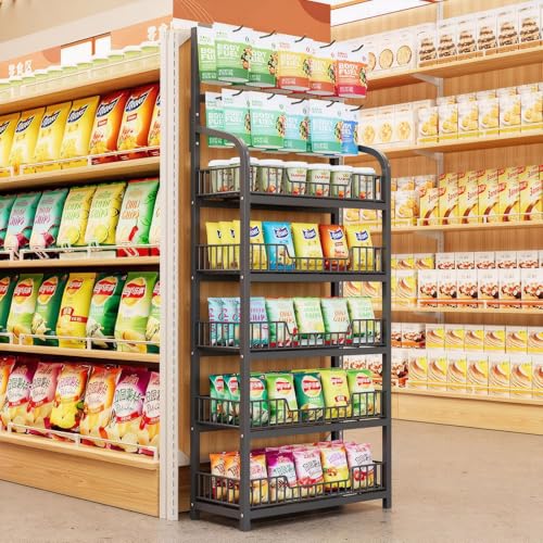 Retail Display Rack Stand, Snack Display Rack with Hooks, Metal Wire Storage Shelf, Snack Candy Display Organizer for Stores Kitchen Office(5-Tier 27.6x10.6x65.3 in)
