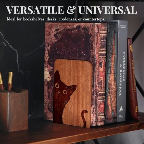 Cat Bookends, Cat Lover Gifts for Women Men, Novelty Book Ends Unique, Heavy Duty Wooden Bookends for Shelves Decorative(1 Pair, 4.72x6.69 Inches) - Tail - color: Tail