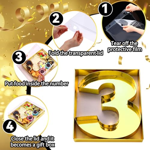 SiliFine 12" Charcuterie Number Shaped Mache with Clear Lid Fillable Sweets Serving Trays Paper Mache Cupcake Candy Box for 2025 Graduation Party Graduation Celebration(Gold,Number 3) - color: Gold, style: Number 3