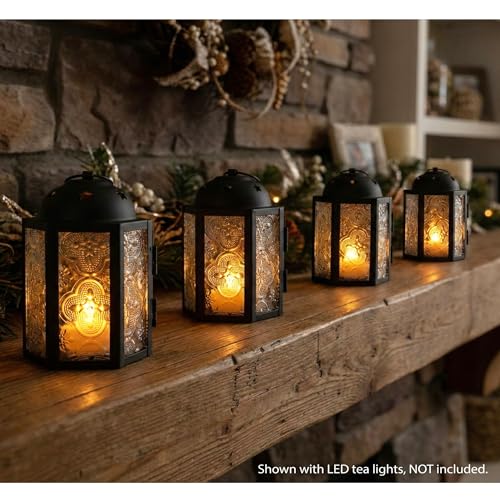 VELA LANTERNS Mini Moroccan Tea Light Candle Holder Lanterns – 4.25" Small Decorative Lantern for Table or Hanging, Metal with Glass Panels – Ramadan, Wedding, Home Decor, Frosted Clear (Set of 4) - color: Frosted Clear