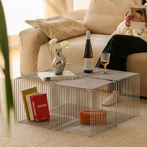 304 Stainless Steel Side Table,Square Geometry Retro Side Table Linear Metal End Table,Wire Cube Storage Rack, Book Stackable, Stainless Steel Coffee Table，Multi-Purpose Accent Table