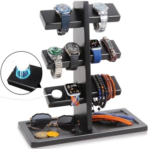 Watch Stand for Men, Watch Display Stand with Charger Groove, Wooden Watch Holder Stand, Jewelry Holder Organizer for Rings, Jewelry, Coins Bracelets, Great Gifts for Men Women, Black - color: Black