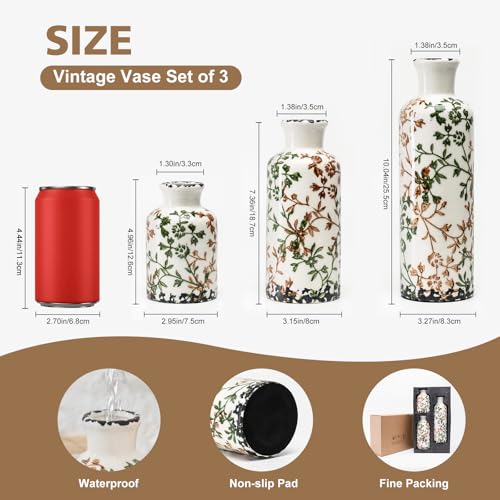 Vintage Ceramic Flower Vase Set of 3, Rustic Farmhouse Vase for Home Decor, Distressed Decorative Vase for Table Entryway Mantel Centerpiece Living Room Bathroom Bedroom (Beige-Green Crackle) - color: 108-beige-green Crackle