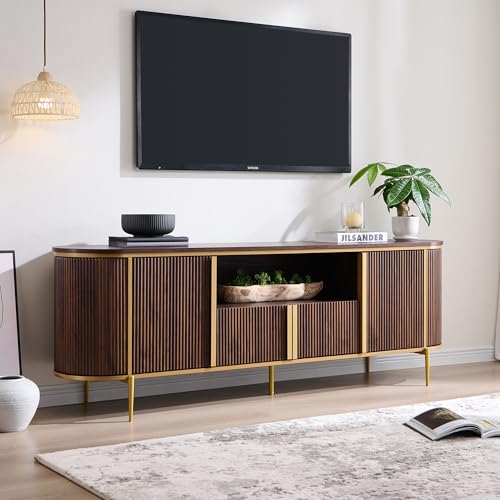 OKD Luxury 70" Fluted TV Stand, Modern Chic Entertainment Center for TVs Up to 80 inches, TV Console with Faux Marble Top, Curved Profile Design, Media Console for Living Room, (Dark Walnut) - color: Dark Walnut, size: 70" TV Stand without Fireplace