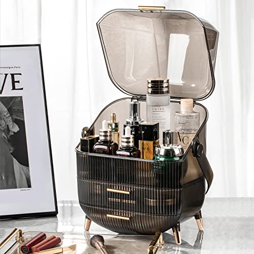 CANITORON Makeup Organizer,Large Capacity Skincare Organizer for Vanity,Cosmetic Organizer with 2 Drawers and Transparent Cover for Bedroom Countertop and Bathroom Countertop Storage.(Gray) - color: Clear Gray