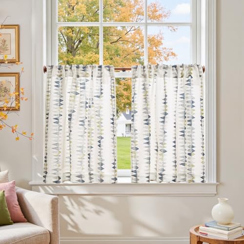 jinchan Mudcloth Boho Kitchen Curtains for Windows Light Filtering Linen Blend 24 Inch Farmhouse Country Tier Curtains Small Window Drapes for Laundry RV 2 Panels Rod Pocket Dusty Blue on Linen - color: Tribal | Dusty Blue on Linen, size: 26"W x 24"L (Pac